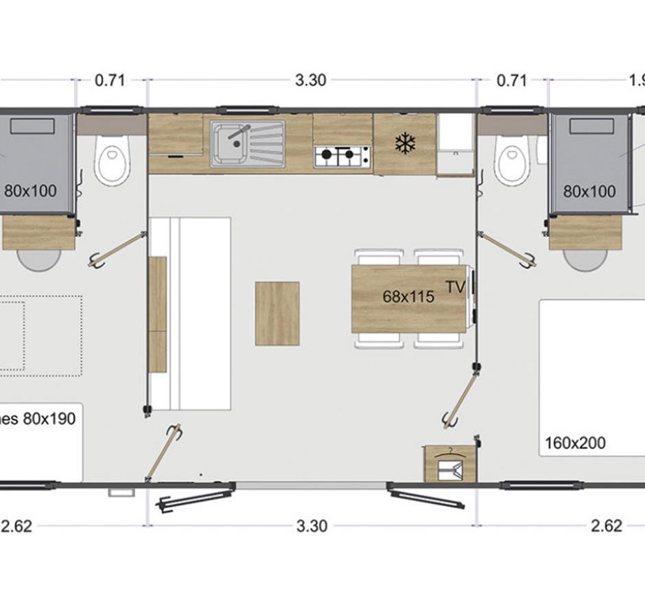 Plan of the Cottage 4 people 2 bedrooms 2 bathrooms 4 flowers 