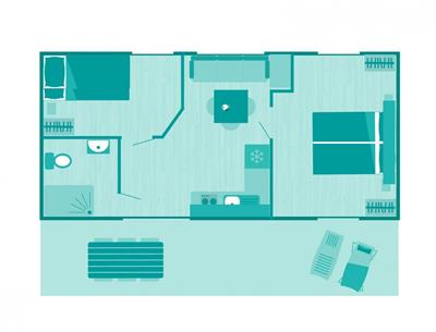Plan of the mobile home for 4/6 people with 2 bedrooms and air conditioning accessible to people with reduced mobility