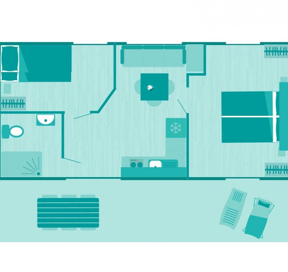 Plan of the mobile home for 4/6 people with 2 bedrooms and air conditioning accessible to people with reduced mobility 