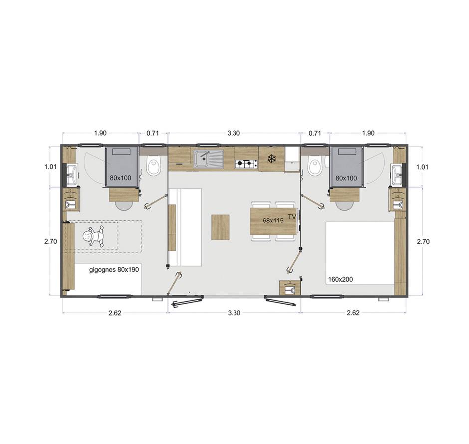 Plan of the Cottage 4 people 2 bedrooms 2 bathrooms 4 flowers 